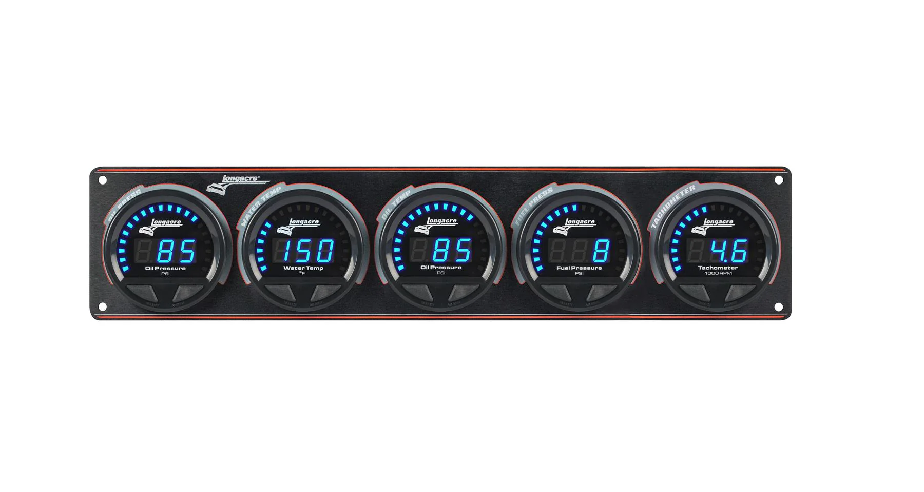 Digital Elite LED Waterproof Gauge Panel from Longacre, 4 Gauge Oil Pressure/Water Temperature/Oil Temperature/Fuel Pressure