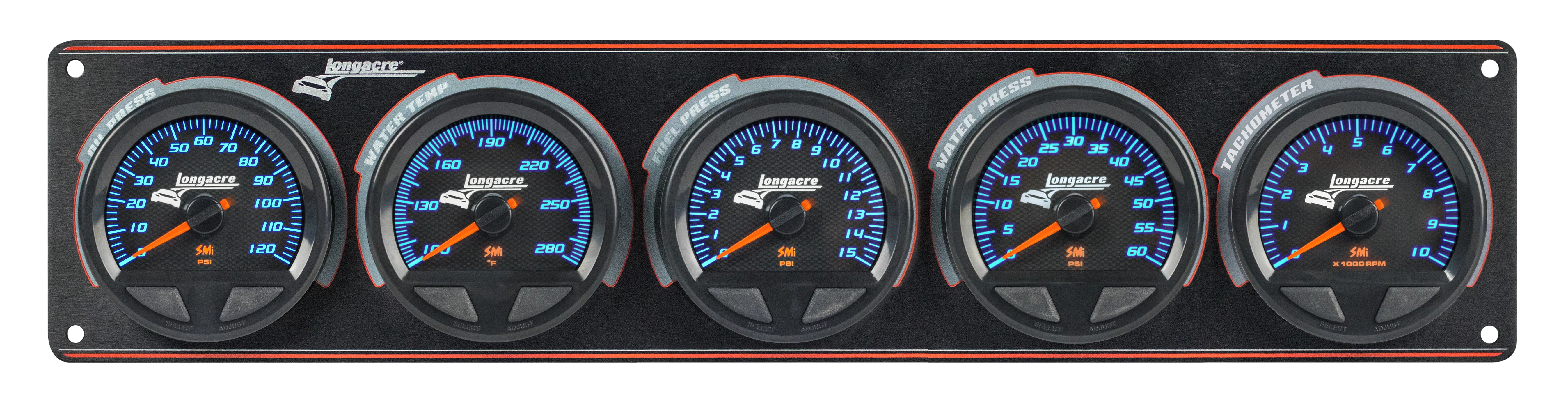 SMi™ Elite Waterproof Gauge Panel from Longacre, 4 Gauge Oil Pressure/Water Temperature/Fuel Pressure/Water Pressure/Tach