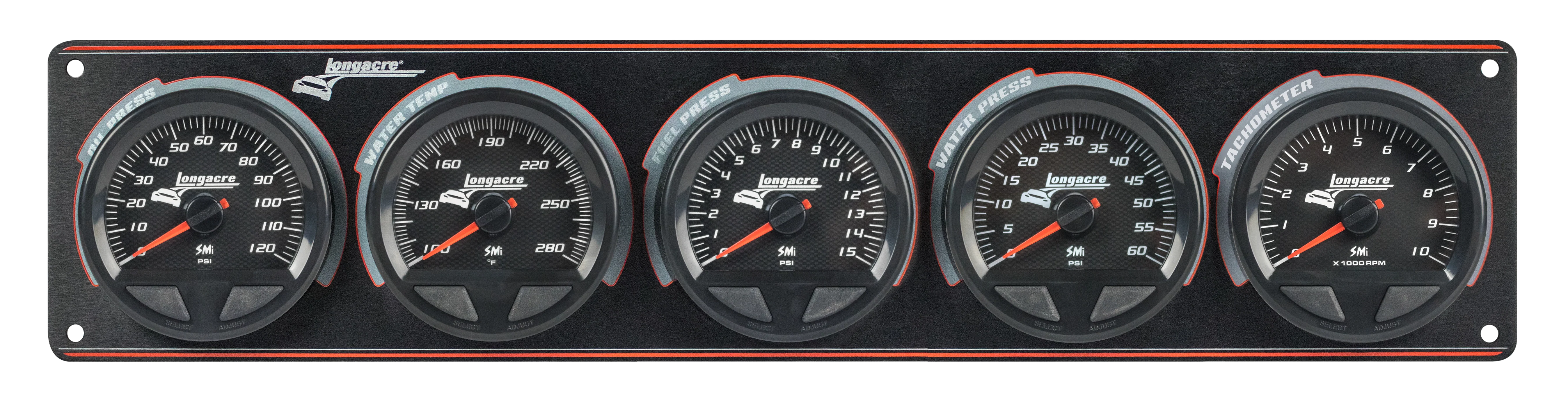 SMi™ Elite Waterproof Gauge Panel from Longacre, 4 Gauge Oil Pressure/Water Temperature/Fuel Pressure/Water Pressure/Tach - Image 2